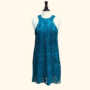 Alter’d State Teal Sequins Annabelle Sleeveless Halter Dress Size Large